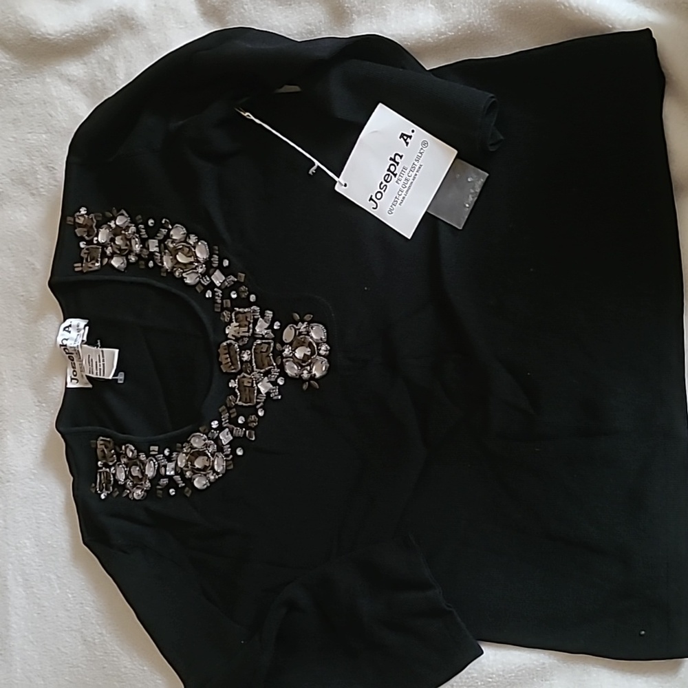 Joseph A NWT black beaded sequined gem neckline 3/4 sleeve M holidays